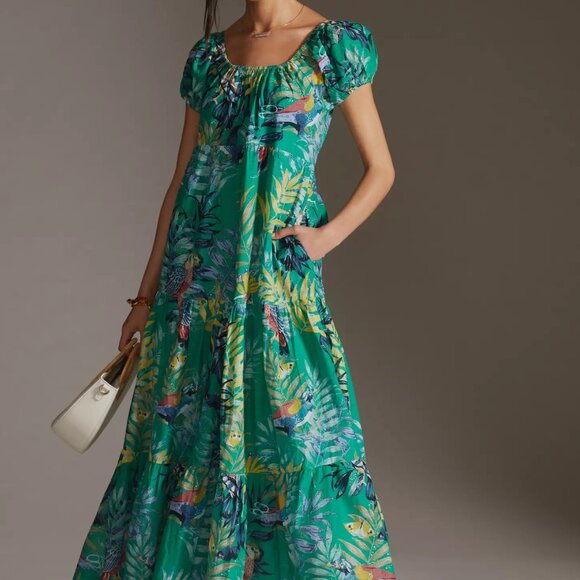 Tropical print tiered Anthropologie maxi dress - Picture 1 of 8